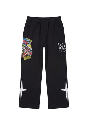 Black wide-leg pants with elastic waist, colorful vintage gasoline and Route 66 patches on left thigh, white star designs near hems, and white "Fx" initials.