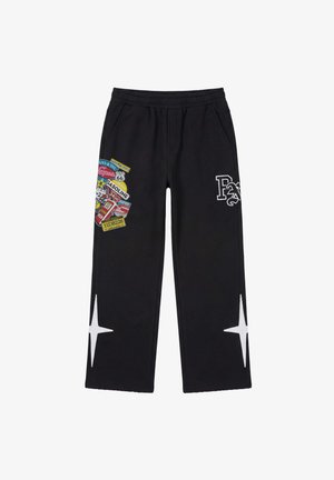 Black wide-leg pants with elastic waist, colorful vintage gasoline and Route 66 patches on left thigh, white star designs near hems, and white "Fx" initials.