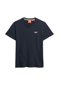 Camiseta de algodón azul marino con escote redondo, mangas cortas y un logo blanco en el pecho. Presenta una etiqueta en el cuello interior.