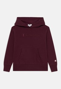 Sweatshirt capuche bordeaux avec poche frontale, logo "Champion" brodé et petit détail de logo sur les poignets. Matériau doux, poignets à côtes.