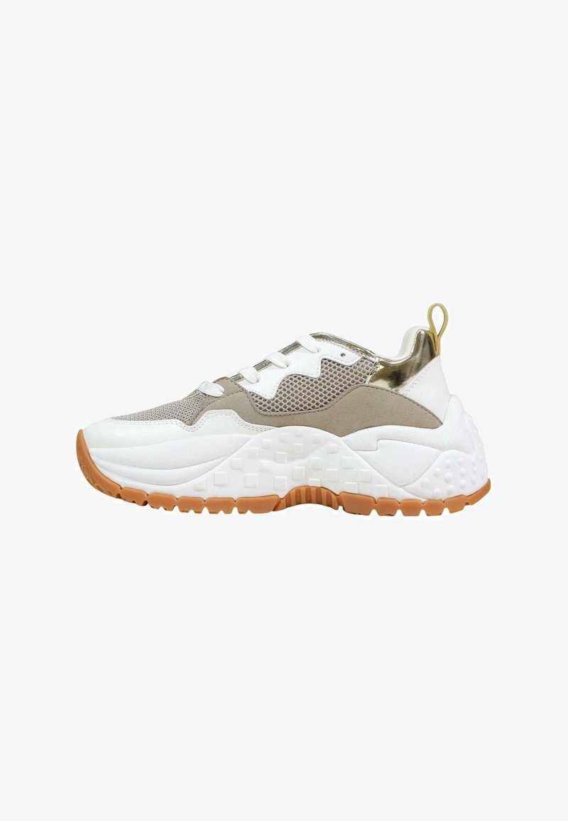 Chunky white sneaker with beige mesh and suede overlays, gold metallic heel tab, white laces, and textured gum rubber sole.