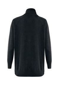 Pullover grigio scuro con colletto alto, polsini e orlo a costine, realizzato in un morbido tessuto a maglia con una superficie liscia e una vestibilità comoda.