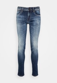 Blå slim-fit denimjeans med blekta och slitna detaljer på låren och knäna, med framfickor och bälteshällor.