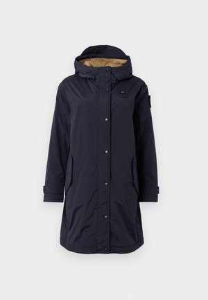 Marineblauwe waterdichte jas met een capuchon, voorzien van knoopsluitingen, twee zijzakken en een beige binnenvoering. Geschikt voor koud weer.