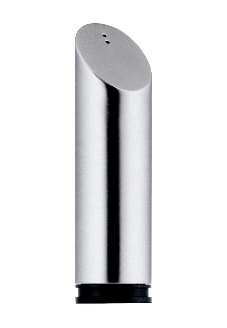 Edelstahl-Salzstreuer mit einem schlanken zylindrischen Körper, abgerundetem Oberteil und zwei kleinen Löchern zum Ausstreuen. Mattes Finish mit schwarzem Fuß.