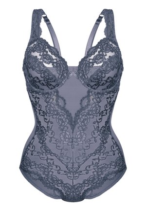 Lace bodysuit in dark gray with underwire support, floral pattern, adjustable straps, and smooth fabric texture. Detailed lace trim.