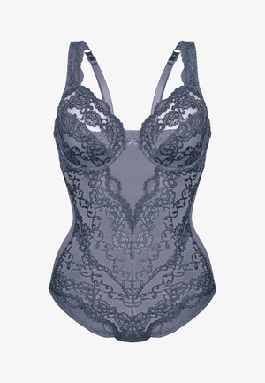 Lace bodysuit in dark gray with underwire support, floral pattern, adjustable straps, and smooth fabric texture. Detailed lace trim.