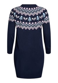 Strikket sweater i marineblå med rund hals. Har et farverigt geometrisk og naturinspireret mønster i pink og lyseblå på ryggen.