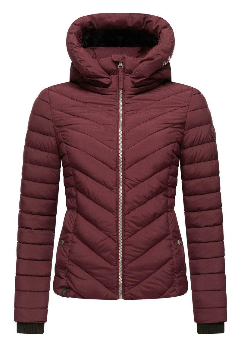 Burgundy puffer jacket with a chevron design, a high collar, and zipper closure. Features ribbed cuffs and a brand logo on the sleeve.
