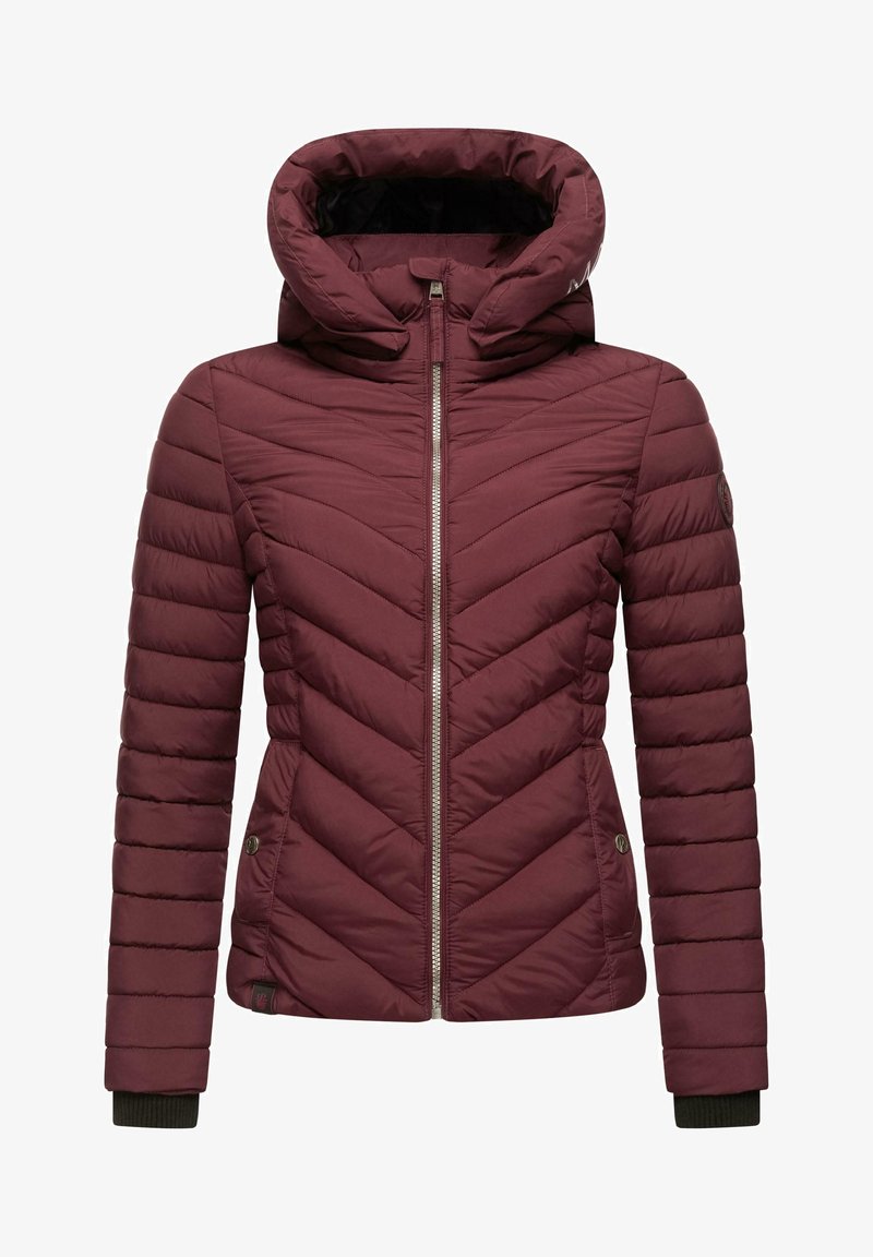 Burgundy puffer jacket with a chevron design, a high collar, and zipper closure. Features ribbed cuffs and a brand logo on the sleeve.