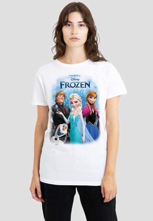 Weißes Baumwoll-T-Shirt mit einem bunten Druck von Charakteren aus Disneys "Die Eiskönigin", darunter Elsa, Anna, Kristoff und Olaf.