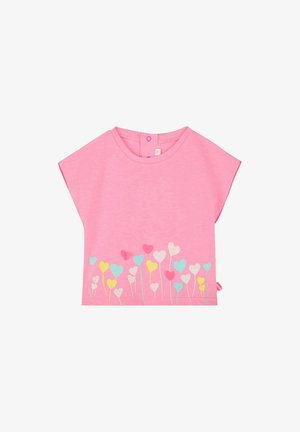 Rooze T-shirt met korte mouwen, versierd met hartvormige patronen in blauw, roze, geel en glinsterende details langs de onderrand. Van zacht katoen.