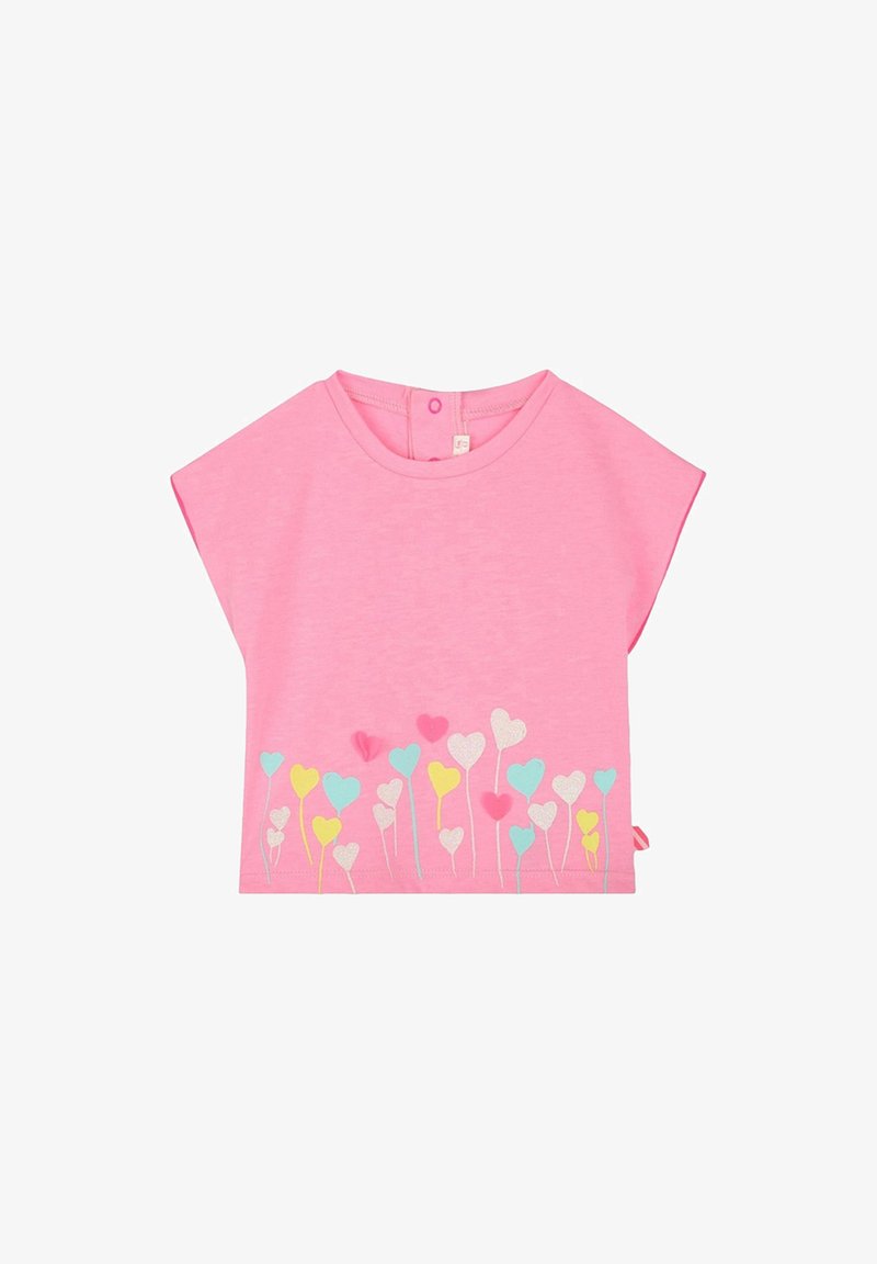 Rooze T-shirt met korte mouwen, versierd met hartvormige patronen in blauw, roze, geel en glinsterende details langs de onderrand. Van zacht katoen.