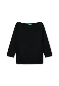 Top negro de mangas largas con un escote amplio, puños y dobladillo acanalados. Hecho de una tela suave y elástica; cuenta con una etiqueta de marca verde en el interior del escote.