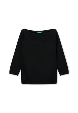 Top nero a maniche lunghe con scollatura ampia, polsini e orlo a coste. Realizzato in un tessuto morbido e elasticizzato; presenta un'etichetta verde del marchio all'interno della scollatura.