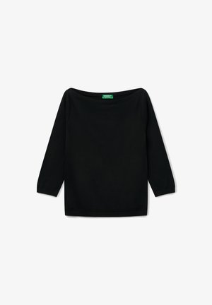 Schwarzes Langarmshirt mit weitem Halsausschnitt, gerippten Bündchen und Saum. Hergestellt aus weichem, dehnbarem Material; mit einem grünen Markenschild im Halsausschnitt.