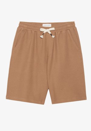 Shorts castanhos com riscas, feitos de um tecido texturizado, com um cós elástico, cordão com franjas e dois bolsos laterais.
