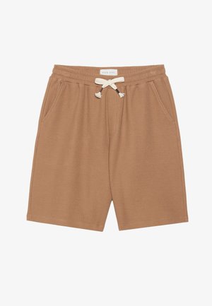 Brune ribbede shorts laget av teksturert stoff, med elastisk midjebånd, snøring med frynser, og to sidelommer.