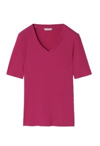 Top fucsia con scollo a V realizzato in tessuto a costine, maniche corte, orlo dritto, caratterizzato da una superficie texturizzata. Design semplice, senza motivi o accenti aggiuntivi.
