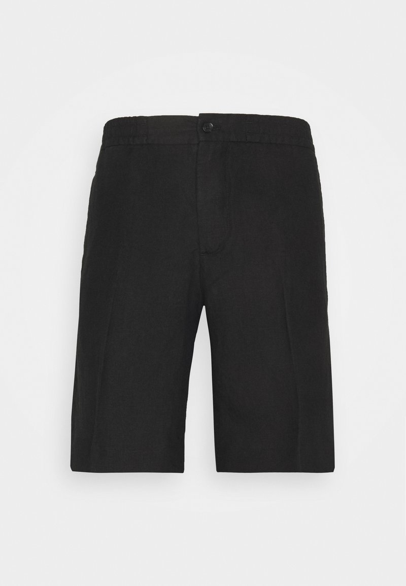 Black linen shorts with an elastic waistband and a button closure. Straight leg design, knee-length with a smooth texture.