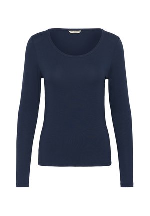 Top aderente da donna a maniche lunghe di colore blu navy con scollo arrotondato, design semplice e etichetta del marchio visibile all'interno del colletto.