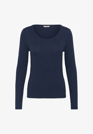 Top bleu marine pour femmes, à manches longues et coupe ajustée, avec un décolleté en scoop, un design uni et une étiquette de marque visible à l'intérieur du col.