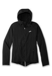 Veste noire à capuche avec fermeture éclair, manches longues, poches avant et petit logo blanc sur la poitrine gauche.