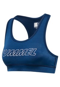 Brassière de sport bleu marine avec un dos nageur et le logo blanc "HUMMEL" sur la poitrine, fabriquée en tissu lisse et extensible.