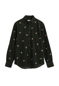 Donkergroene corduroy overhemd met lange mouwen, geknoopt kraag, met geborduurde vogels in verschillende kleuren door de stof.