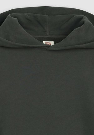 Dark green hooded sweatshirt with folded hood and visible Levi's brand label inside the collar.