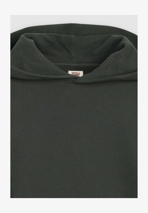 Dunkelgrüner Kapuzenpullover mit gefalteter Kapuze und sichtbarem Levi's Markenlabel im Kragen.