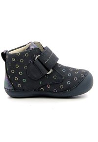 Navy blue boot with multi-color flower patterns, velcro strap, rounded toe, and rubber sole. Soft material with a textured finish.