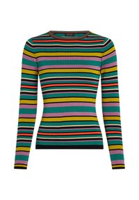 Maglione a maniche lunghe a righe nei colori verde, viola, giallo, nero e rosso. Presenta un colletto tondo e una trama a coste su tutta la superficie.