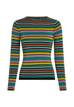 Langärmliger gestreifter Pullover in Grün, Lila, Gelb, Schwarz und Rot. Verfügt über einen runden Ausschnitt und ein geripptes Muster.