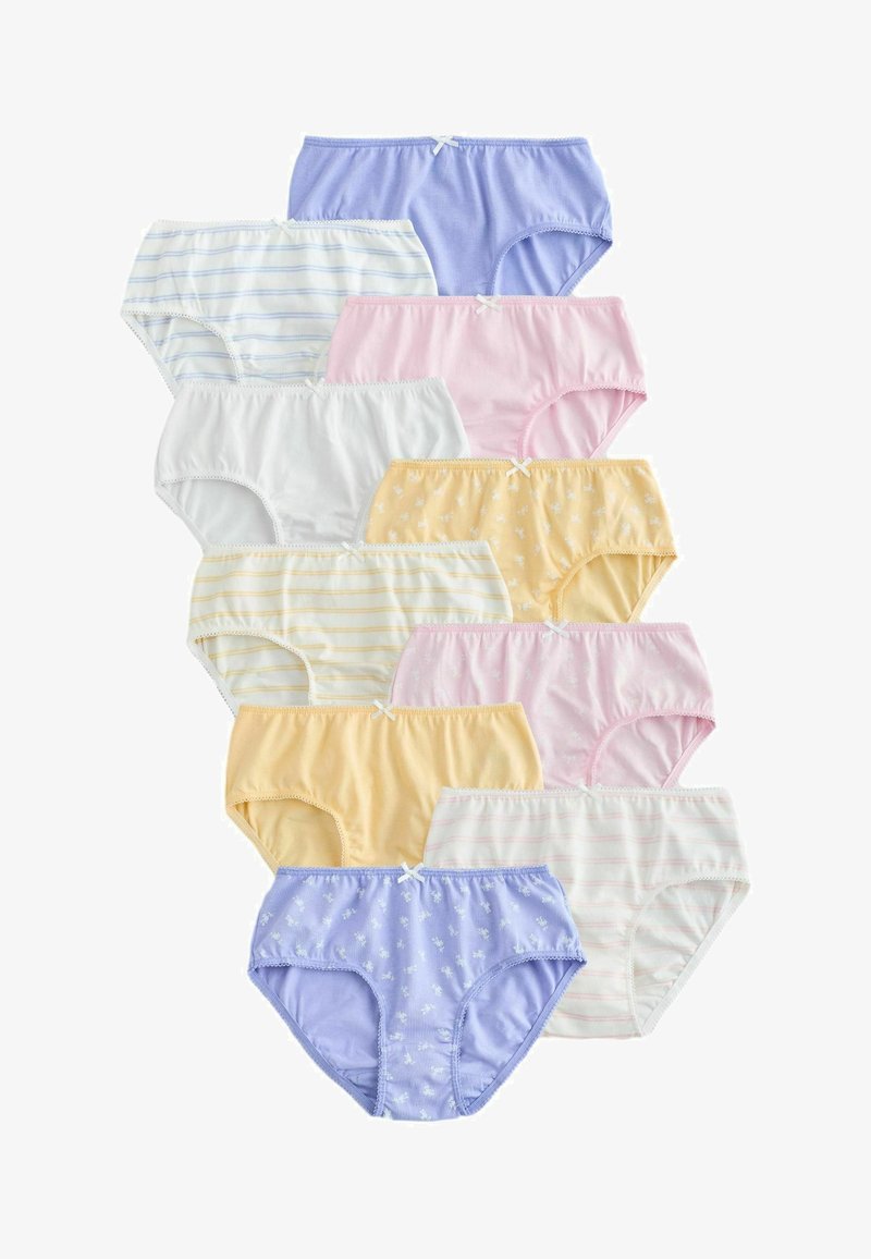 Dix paires de sous-vêtements en coton pour femmes, de couleurs pastel et motifs, disposées verticalement sur un fond blanc.