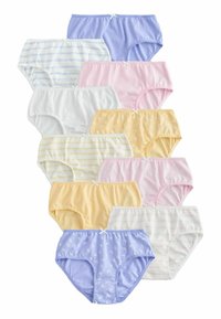 Verpakking van 10 dameskatoenen slips in pastelkleuren: lila, roze, geel, wit, met strepen en bloempatronen; kanten randen, strikaccenten.