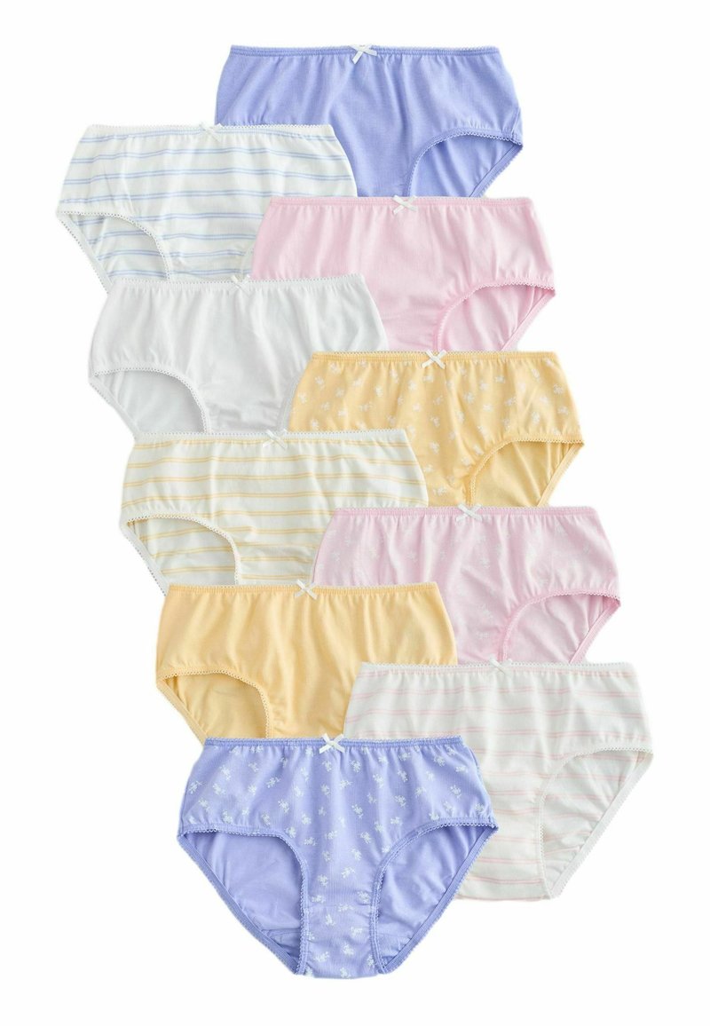 Verpakking van 10 dameskatoenen slips in pastelkleuren: lila, roze, geel, wit, met strepen en bloempatronen; kanten randen, strikaccenten.