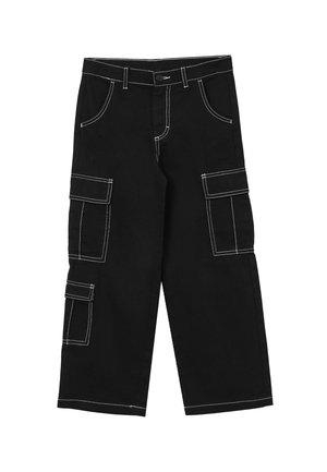Pantalons cargo noirs avec des coutures blanches, dotés de deux poches latérales et de deux poches sur les cuisses. Le tissu est durable avec un design à coupe droite.