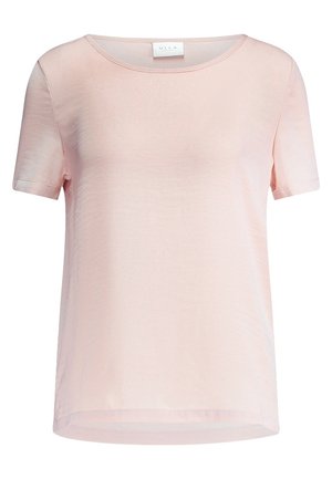 Lichtroze top met korte mouwen en een ronde halslijn. Gemaakt van een gladde, licht glanzende stof met een ontspannen pasvorm en een rechte zoom.