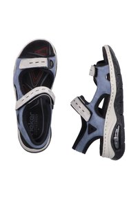 Sandales ouvertes bleues et grises avec des brides réglables, semelle intérieure rembourrée et semelle en caoutchouc texturé dotée d'un coussin d'air.