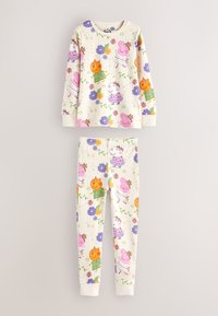 Pyjamasæt med langærmede top og bukser i cremefarvet stof med farverige tegneserie-dyr og blomster. Blødt stof med elastiske manchetter og taljebånd.