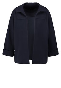 Námořnická modrá otevřená bunda s širokým límcem a ohrnutými rukávy, volný střih a spadlé ramena.