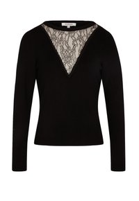 Pull noir à manches longues avec un col en V, orné d'une insertion en dentelle au niveau du cou. Tissu doux avec une coupe ajustée.