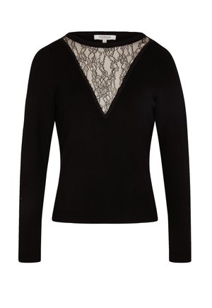 Maglione nero a maniche lunghe con scollatura a V e un inserto in pizzo nel collo. Tessuto morbido con una forma aderente.