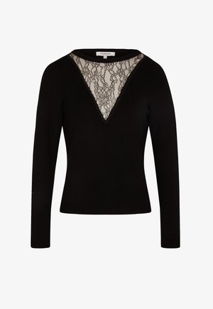 Pull noir à manches longues avec un col en V, orné d'une insertion en dentelle au niveau du cou. Tissu doux avec une coupe ajustée.