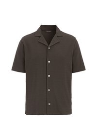 Short-sleeve shirt in dark gray textured fabric, featuring a notched collar and five front buttons for closure.