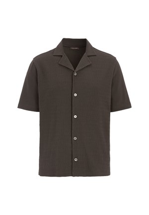 Camicia a maniche corte in tessuto grigio scuro con texture, caratterizzata da un colletto a punte e cinque bottoni frontali per la chiusura.