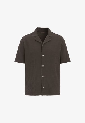Kurzarmhemd aus dunkelgrauem strukturiertem Stoff, mit einem eingeschnittenen Kragen und fünf Vorderknöpfen zur Schließung.