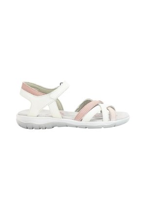 Sandalia blanca y rosa con diseño de punta abierta, correa ajustable en el tobillo y suela blanca flexible. Presenta detalles trenzados y plantilla acolchada.