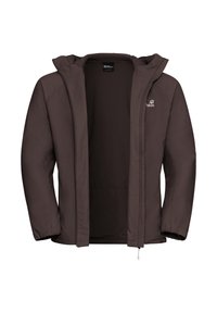 Veste isolante marron avec capuche, dotée d'un zip frontal complet et de poches latérales. Matière extérieure lisse et doublure intérieure douce.